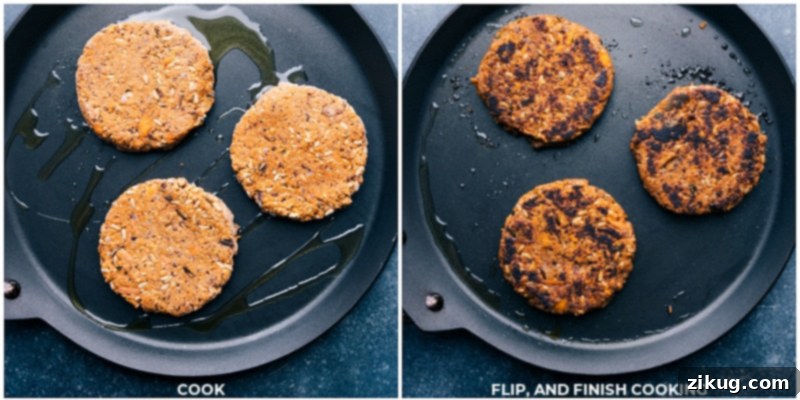 Hearty Sweet Potato Black Bean Burger 3 A panoramic shot of cooked Sweet Potato Black Bean Burgers, some on buns with toppings, and others ready to be served, highlighting their golden-brown and appealing texture.
