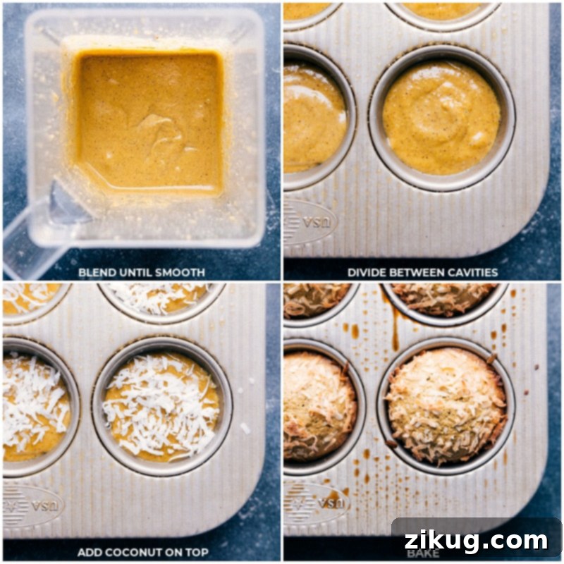 Making Healthy Pistachio Muffins: A glimpse into the easy preparation and baking process for these brightly flavored, moist, and tender muffins. A step-by-step visual of the Pistachio Muffin baking process, from batter being poured into the muffin pan to the muffins in the oven.