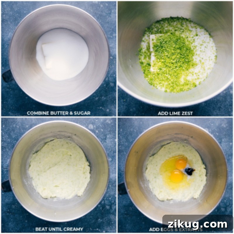 Combine Creamy Ingredients for Perfect Lime Cookies Process shots showing butter, granulated sugar, and fresh lime zest being added to a stand mixer bowl and creamed together until light and fluffy. Followed by adding eggs and extracts.