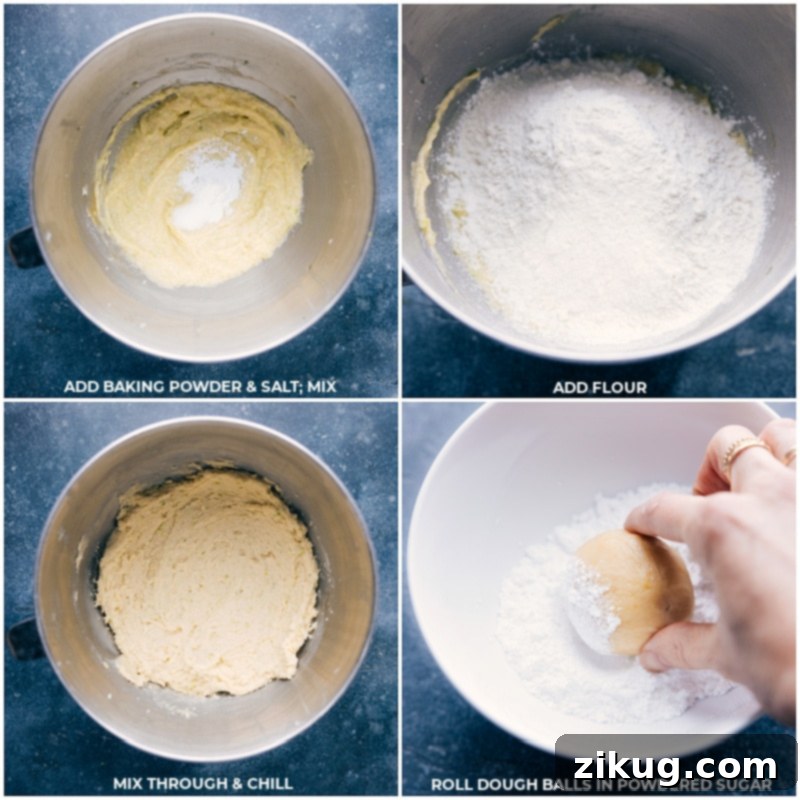 Combine Remaining Ingredients For Delicious Lime Cookies Process shots showing baking powder, salt, and all-purpose flour being added to the stand mixer bowl and mixed until just combined. Then, dough balls are rolled in powdered sugar.