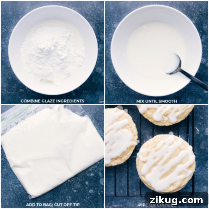 The Perfect Zesty Glaze for the Best Lime Cookies Process shots illustrating how to make the lime glaze by combining powdered sugar, lime juice, heavy cream, and a pinch of salt, then mixing until smooth, and finally drizzling the glaze over cooled cookies.