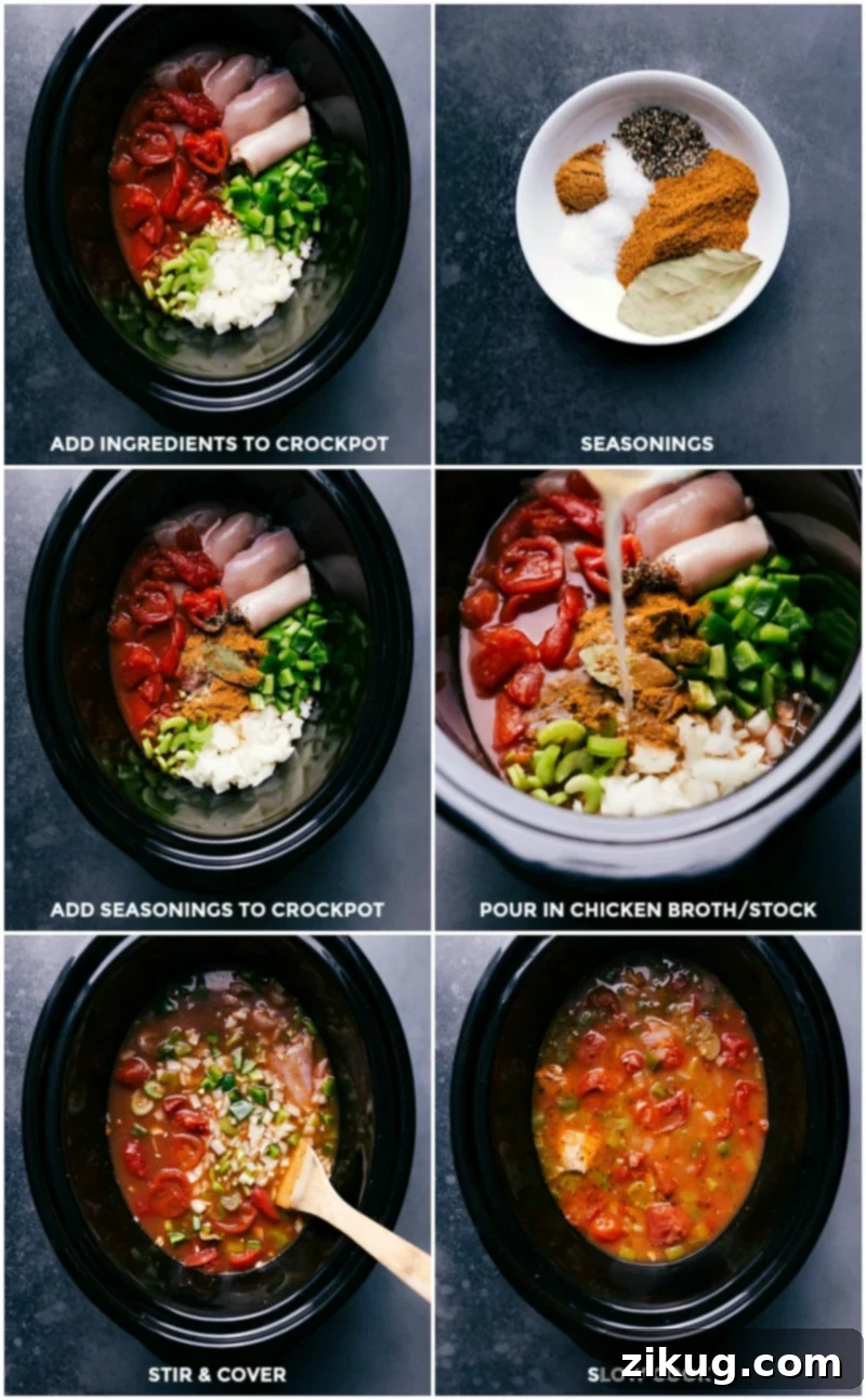 Adding the Ingredients into the Slow Cooker Preparing Crockpot Cajun Chicken by combining various fresh ingredients in a slow cooker, ensuring a thorough stir before beginning the cooking process.
