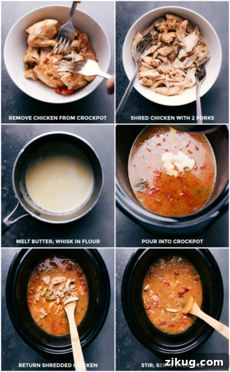 Steps of Creation - From Shredding Chicken to Creamy Sauce Completion A sequence of preparation steps for Crockpot Cajun Chicken: showing tender chicken being removed for shredding, a creamy sauce being prepared and whisked in a separate pot, and finally the shredded chicken being returned to the pot with the thickened sauce.