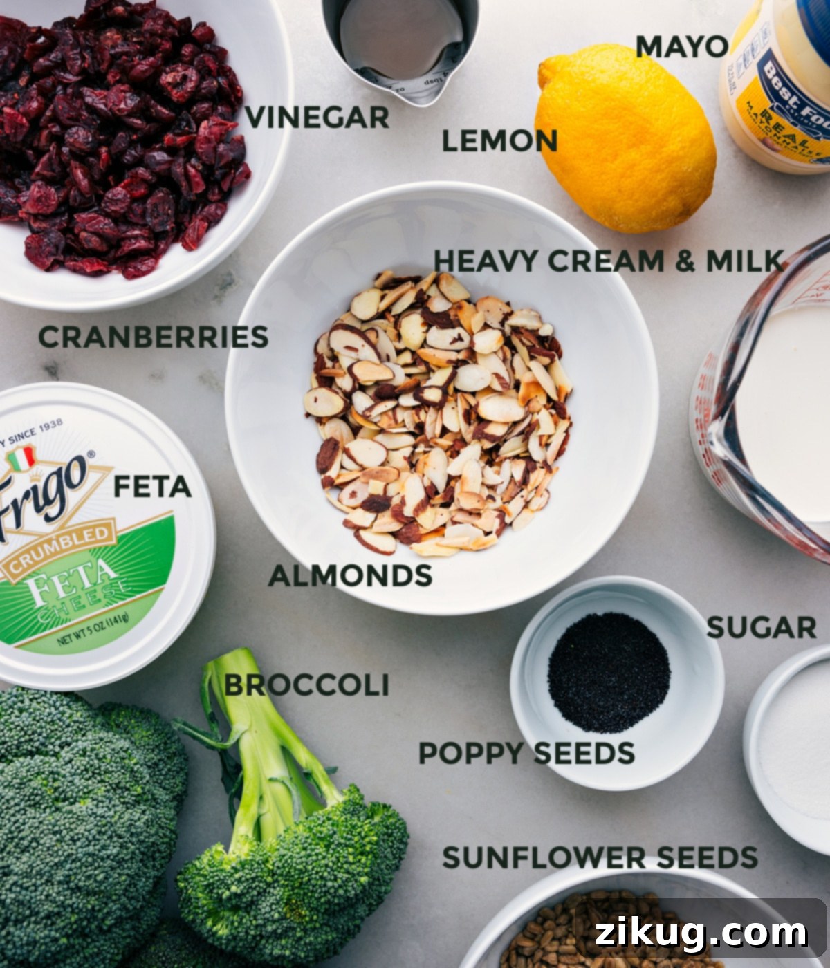 Key Ingredients for Delicious Broccoli Salad All the fresh and vibrant ingredients for Lemon Poppy Seed Broccoli Salad neatly prepped and arranged on a counter, ready for assembly.