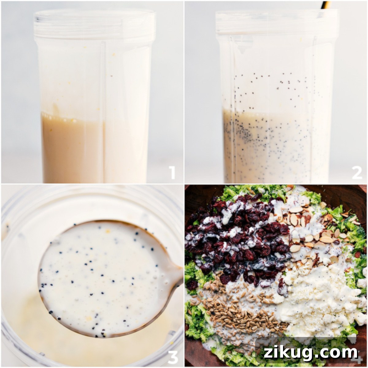 Assembling Your Lemon Poppy Seed Broccoli Salad Step-by-step imagery showing the homemade lemon poppy seed dressing being prepared and then poured over the mixed broccoli salad ingredients, ready to be tossed.