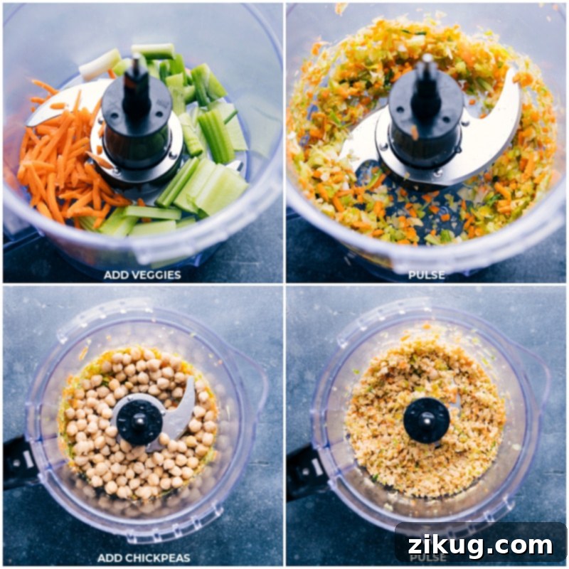 Quick & Easy Buffalo Chickpea Salad: Food processor method for chopping veggies and chickpeas to achieve the perfect texture and consistency. A visual guide showing the process of preparing Buffalo Chickpea Salad: finely chopping vegetables in a food processor, followed by adding chickpeas and pulsing them to a perfectly chunky consistency.