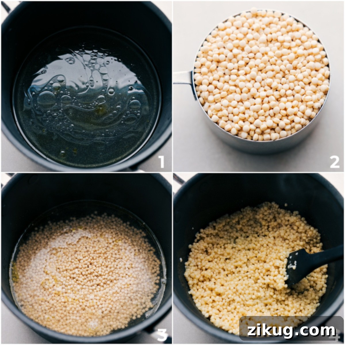 A pot of pearl couscous cooking on the stovetop, an initial step for the salad.