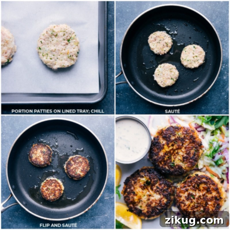 Process shots of Tuna Patties being cooked to a golden brown perfection
