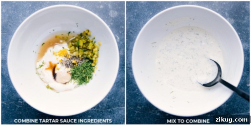 Close-up image of creamy homemade tartar sauce being prepared