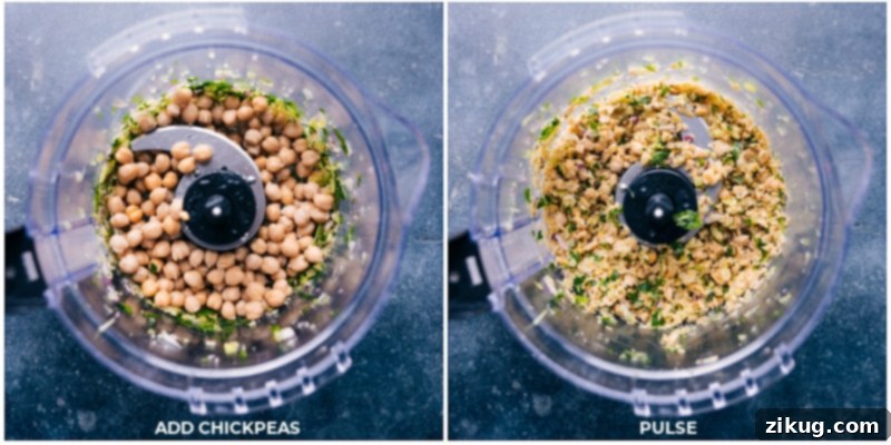 Process images showing rinsed chickpeas being added and pulsed in a food processor