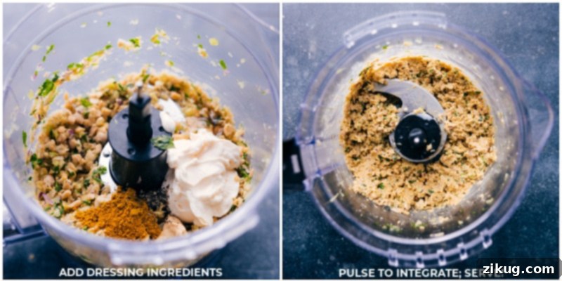 Process images showing dressing ingredients being added and blended for Curried Chickpea Salad