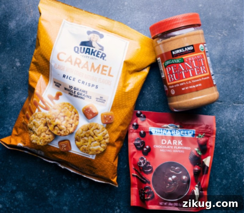 Key Ingredients for Rice Cake With Peanut Butter Snack All the essential ingredients neatly laid out for making Rice Cakes With Peanut Butter and Chocolate, including rice cakes, chocolate melting wafers, and a jar of creamy peanut butter.