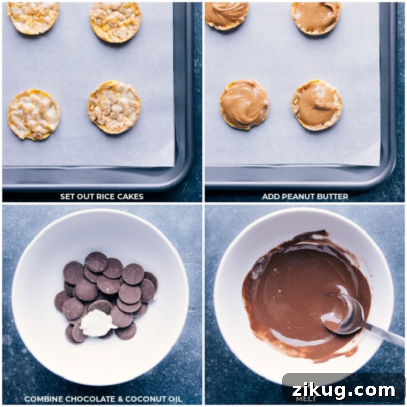 How To Assemble Your Perfect Peanut Butter Chocolate Rice Cakes Step-by-step process of making Rice Cake With Peanut Butter, showing peanut butter being spread on rice cakes and then melted chocolate being drizzled on top for an easy snack.