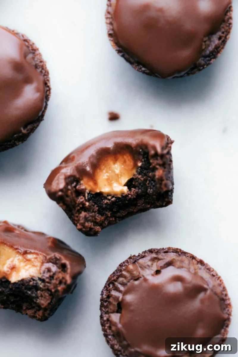 Bitten Peanut Butter Brownie Bites Showcasing Melting Peanut Butter Center Peanut butter brownie bites with a bite taken out, revealing a melting peanut butter center.