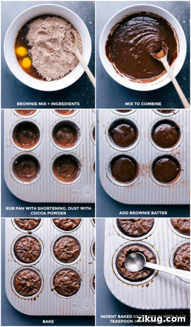 Preparing Peanut Butter Brownie Bites: Mixing Ingredients, Prepping Pan, Baking, and Indenting Hot Brownies Bowl with brownie mix and other ingredients being combined, pan greased and dusted with cocoa powder, batter added to the pan, baked, and an indent created in each hot brownie.