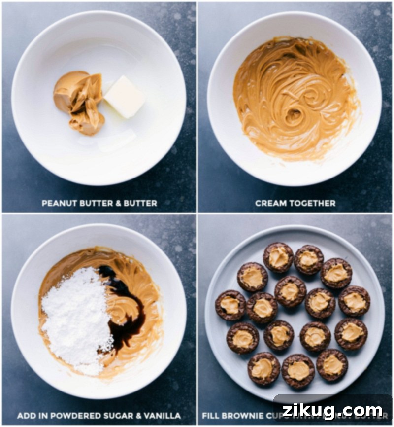 Making Peanut Butter Filling: Creaming Butter and Peanut Butter, Adding Sugar and Vanilla, Filling Brownie Cups Creaming peanut butter and butter, adding powdered sugar and vanilla, and mixing well to fill brownie cups with the peanut butter mixture.