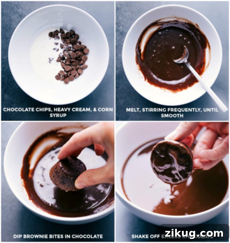 Dipping Peanut Butter Brownie Bites in Chocolate: Melting Ingredients, Coating Bites, and Removing Excess Combining chocolate chips, heavy cream, and corn syrup, heating and stirring until melted and smooth, then dipping the bites in chocolate and shaking off excess.