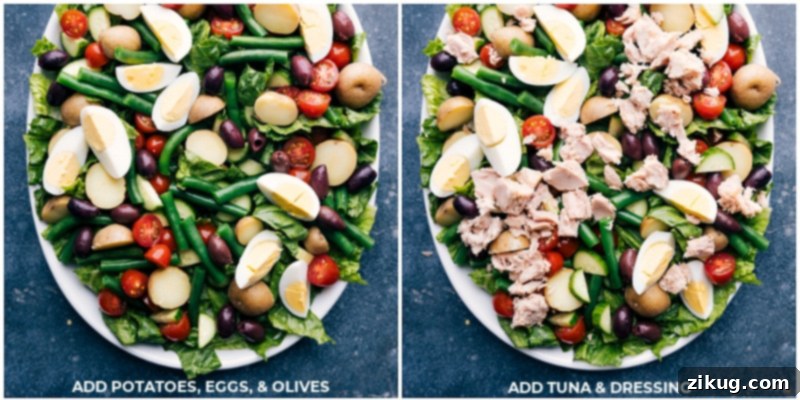 This Tuna Niçoise Salad elevates a humble can of tuna into an elegant salad. The salad greens are topped with a myriad of veggies and potatoes, olive-oil packed tuna fish and the best light lemon vinaigrette ties everything together beautifully. Recipe via ChelseasMessyApron #lunch #dinner #quick #easy #simple #healthy #clean #cleaneating #whole30 #seafood #familyfriendly #kidfriendly #tuna #nicoise #salad Process shots-- images of the potatoes, eggs, olives, tuna, and dressing being added to the dish