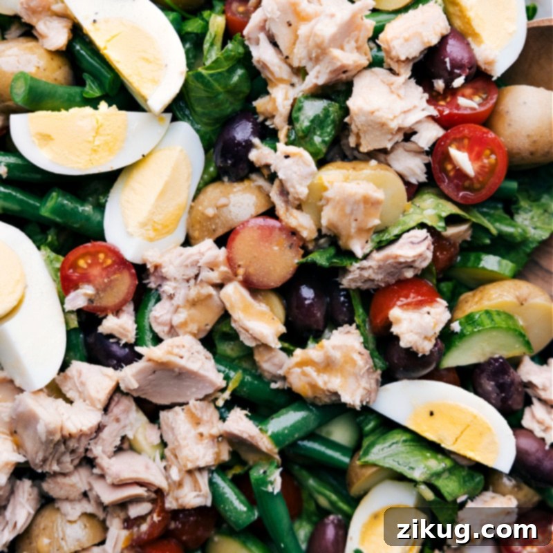 Tuna Niçoise Salad elevates a humble can of tuna into an elegant, fancy, and bright-tasting salad. The salad greens are topped with a myriad of veggies and potatoes, olive-oil packed tuna fish and the best light lemon vinaigrette ties everything together beautifully. Recipe via ChelseasMessyApron #lunch #dinner #quick #easy #simple #healthy #clean #cleaneating #whole30 #seafood #familyfriendly #kidfriendly #tuna #nicoise #salad Upclose overhead image of the Tuna Niçoise Salad
