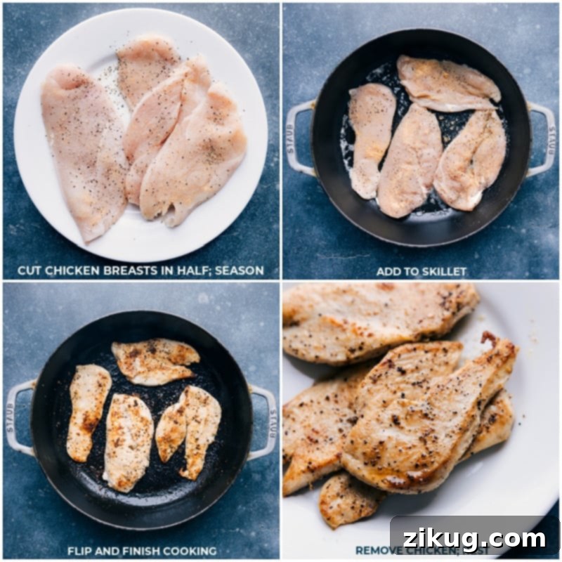 Process images showing chicken breasts being sliced and seasoned, then searing in a hot pan to develop a golden-brown crust for Buffalo Chicken Pasta.