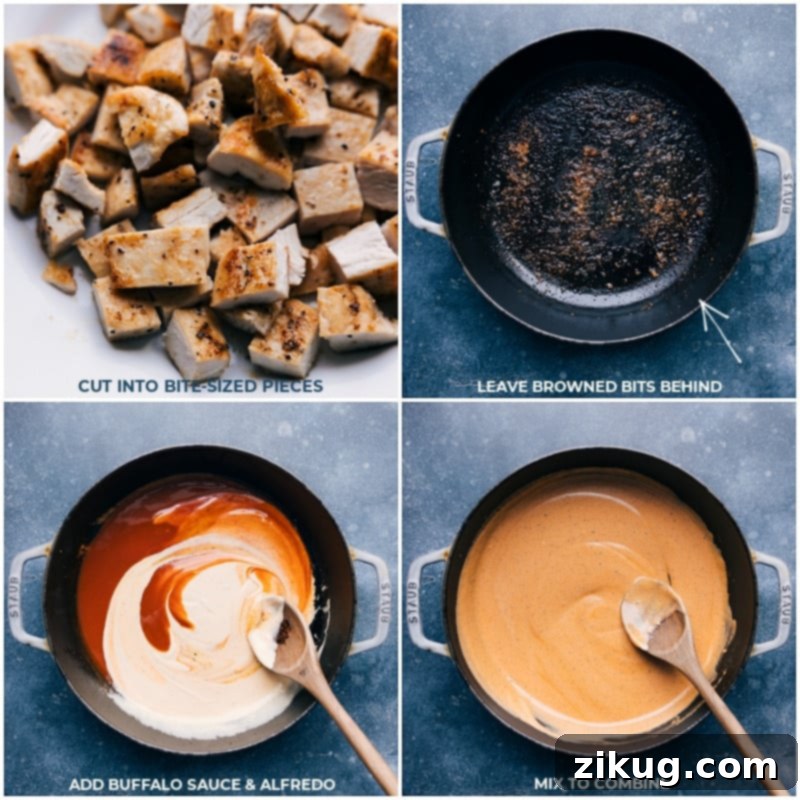 Process shots demonstrating how to perfectly slice chicken breasts and then combine Alfredo and buffalo sauces to create the creamy, zesty pasta sauce.
