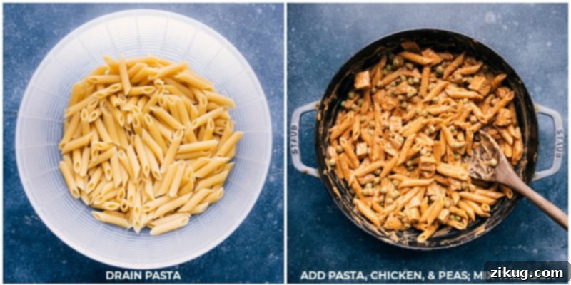 A close-up process shot showing al dente pasta being added to the creamy buffalo chicken sauce in a large pan, ready to be tossed together.