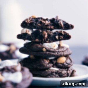 Close-up of a stack of Rocky Road Cookies with melty marshmallows and chocolate.