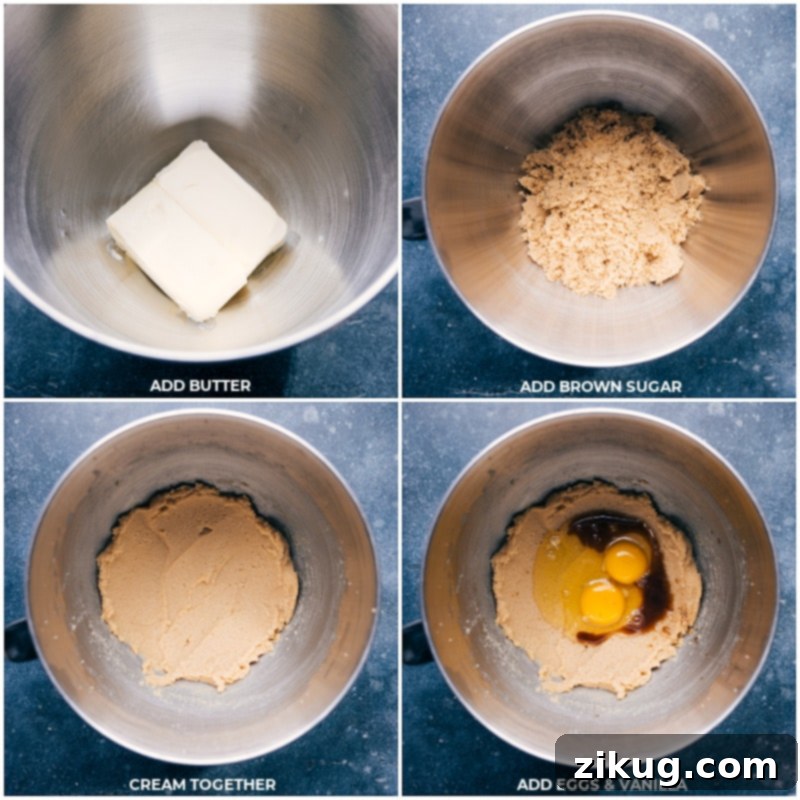 Process images showing butter and brown sugar creaming together, followed by adding eggs and vanilla extract to the mixture.
