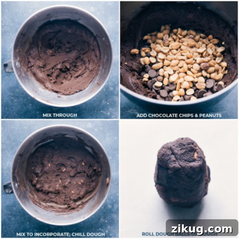 Step-by-step images showing how to mix Rocky Road Cookie dough, incorporate chocolate chips and peanuts, chill the dough, and then roll it into balls for baking.