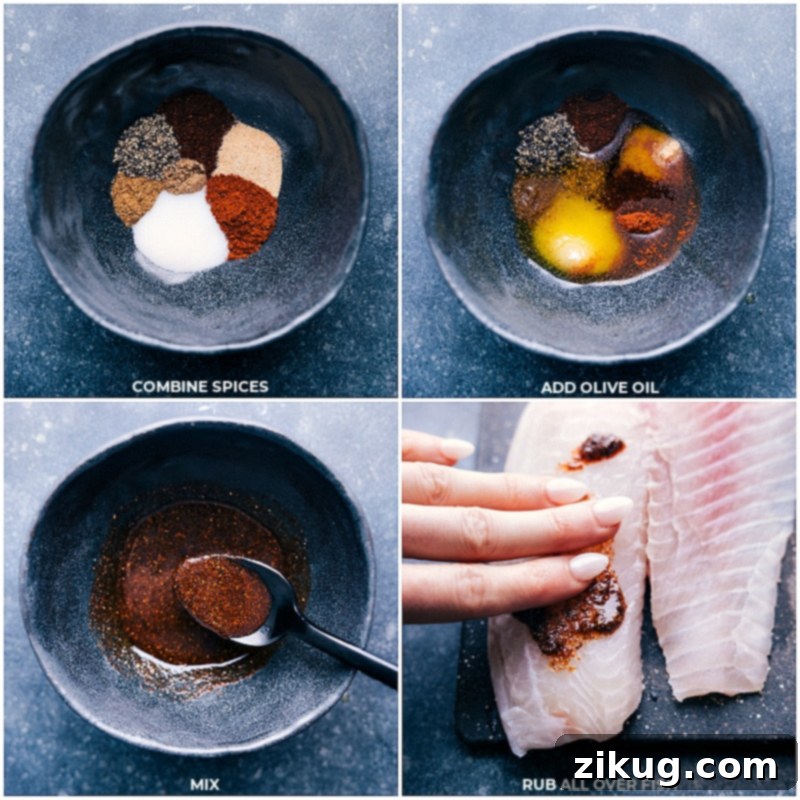 Creating the perfect spice rub for Air Fryer Tilapia: mixing olive oil with Mexican or Cajun spices and spreading onto fillets. Process shots illustrating the final preparation of Air Fryer Tilapia: a vibrant spice rub mixed with olive oil is generously spread over the tilapia fillets before cooking.