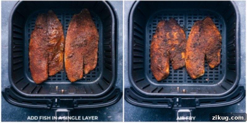 Air frying tilapia: fillets cooking to a perfect golden crisp and flaky texture in the air fryer. Process shot of tilapia fillets cooking to a perfect golden-brown crisp in the air fryer basket, illustrating the ease and effectiveness of air frying seafood.