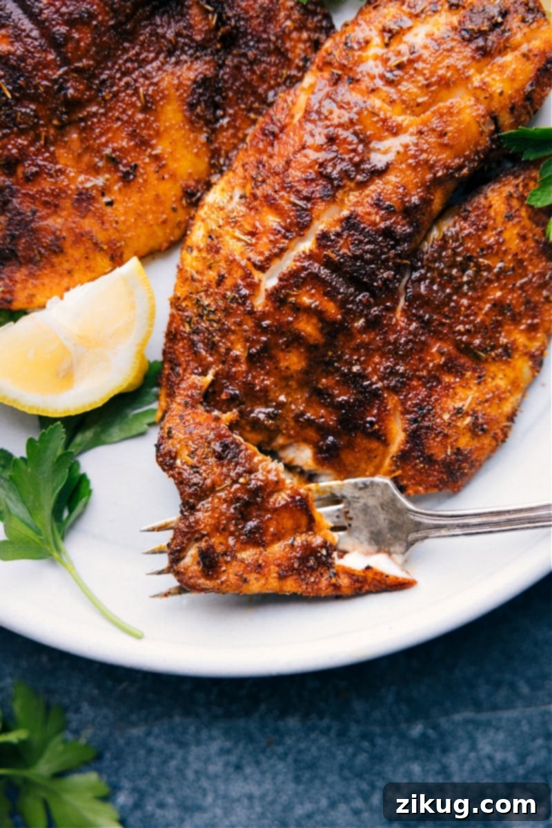 Flaky and perfectly seasoned Air Fryer Tilapia with a delicious crispy crust, ideal for a quick and healthy meal. Close-up overhead view of a perfectly cooked Air Fryer Tilapia fillet with a bite taken out, showcasing its flaky white interior and crispy, golden-brown seasoned crust.