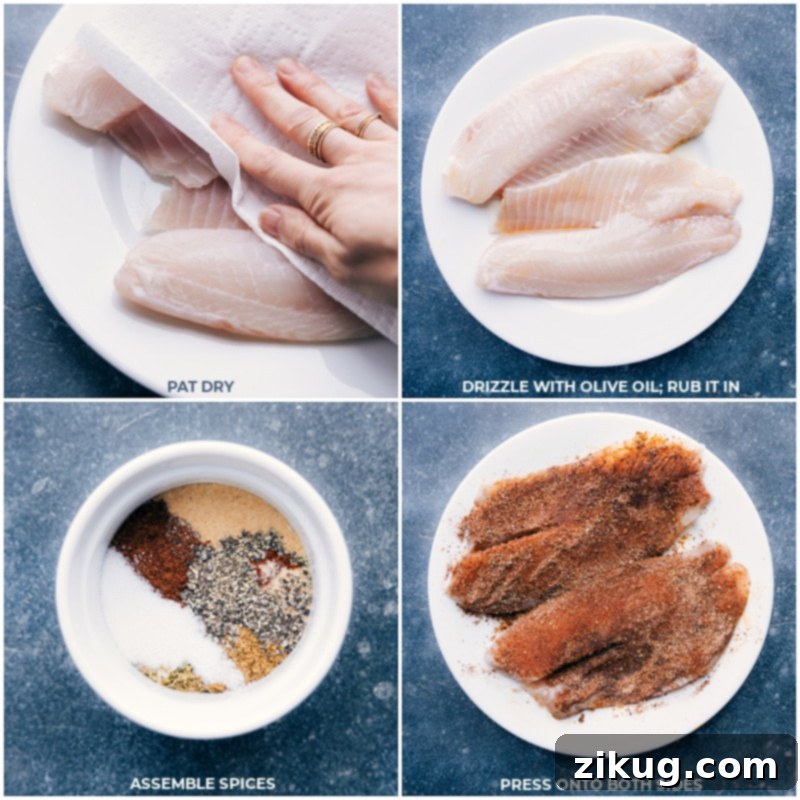 Process shots: seasoning tilapia fillets for fish tacos