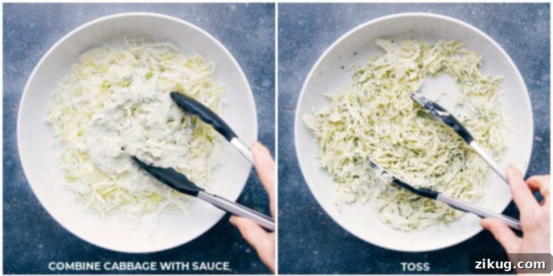 Process shots: mixing the cilantro-lime slaw for Tilapia Fish Tacos