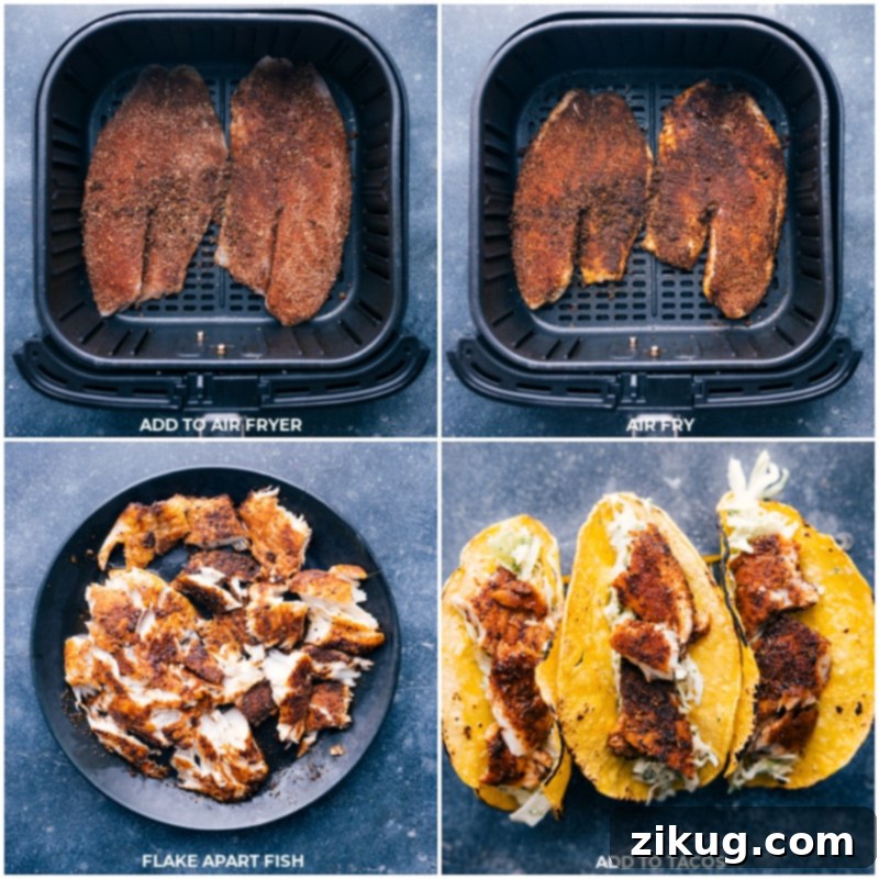 Process shots: air frying tilapia, flaking it for tacos, and assembling a taco