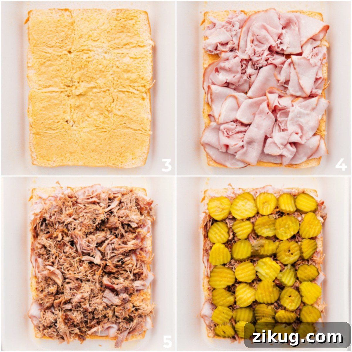 Carefully layering on the savory ham, tender pulled pork, and crunchy dill pickles onto the soft Hawaiian rolls to create these simple yet flavorful sandwiches.