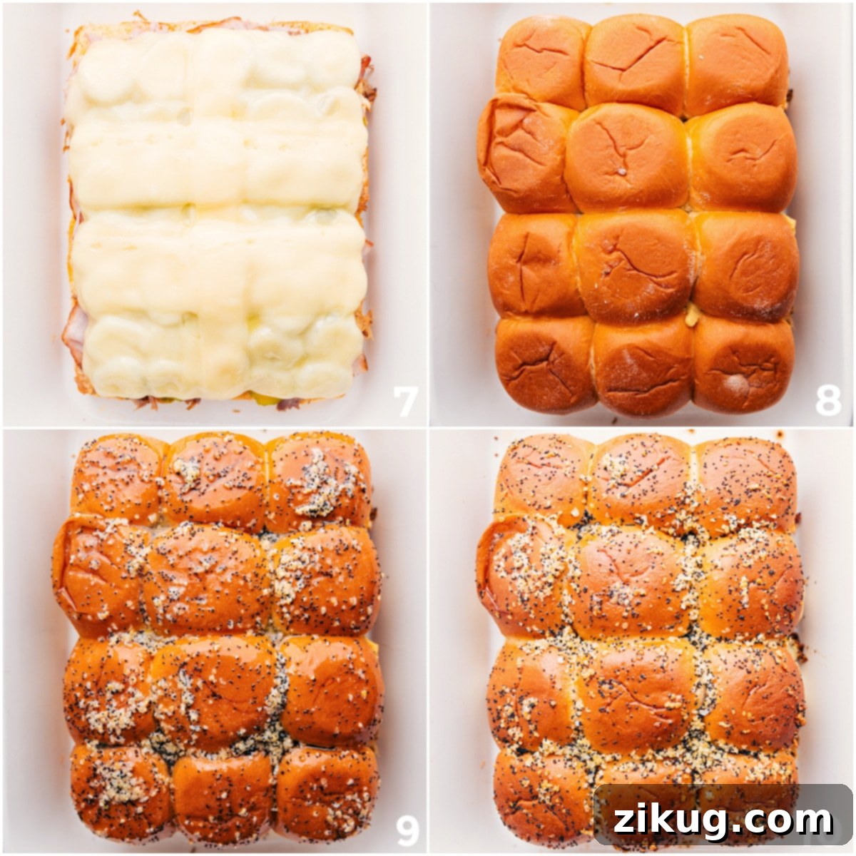 Add cheese on top of the meat layers, then place the top rolls on the cheese. Brush with the savory butter mixture and bake everything until golden and bubbly for delicious Cuban sliders, fresh from the oven.