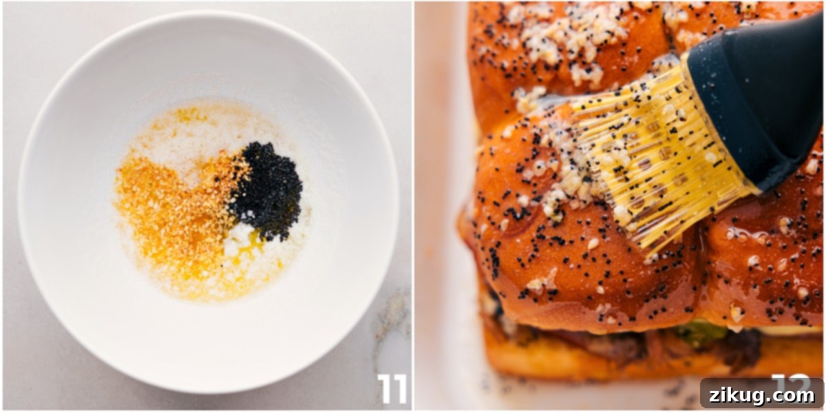 The delicious butter topping mixture, infused with poppy seeds, being whisked together and brushed onto the golden-brown rolls for these Cuban Sliders.