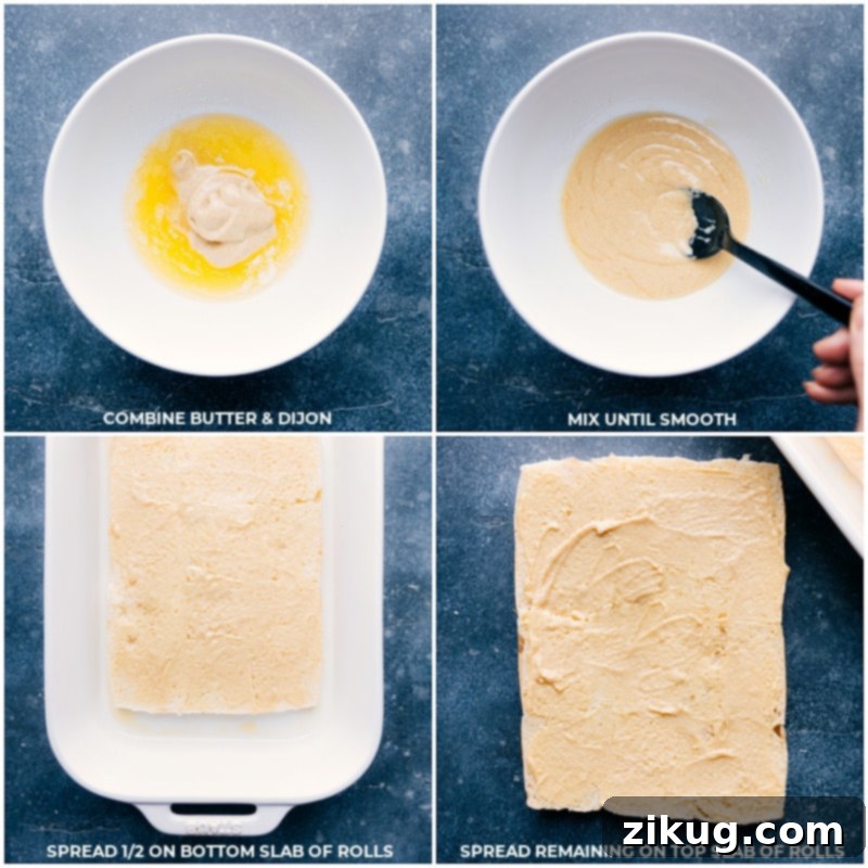 Preparing the Dijon-Butter Spread for Monte Cristo Sliders Process images showing Dijon mustard and melted butter being combined and spread onto Hawaiian sweet rolls for Monte Cristo Sliders.