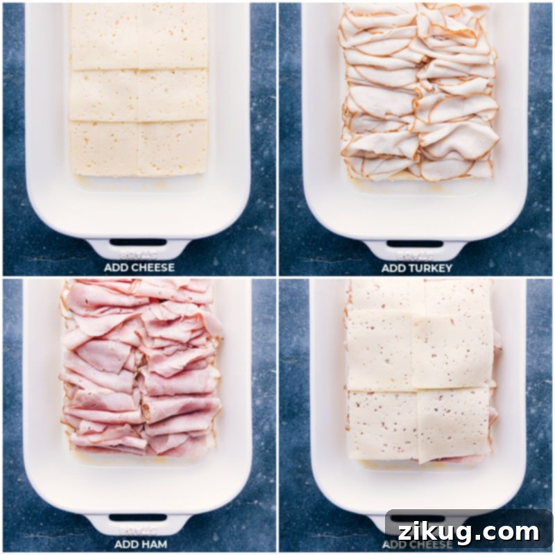 Layering Meats and Cheese for Baked Monte Cristo Sliders Process images showing layers of Swiss cheese, smoked turkey, and honey ham being assembled on Hawaiian rolls for Monte Cristo Sliders.