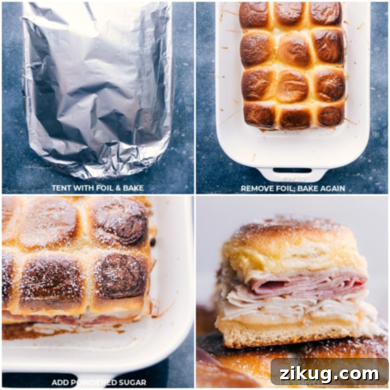 Baked Monte Cristo Sliders: Golden, Sweet, and Savory Monte Cristo Sliders being baked to golden perfection, then dusted with powdered sugar and served with berry jam.