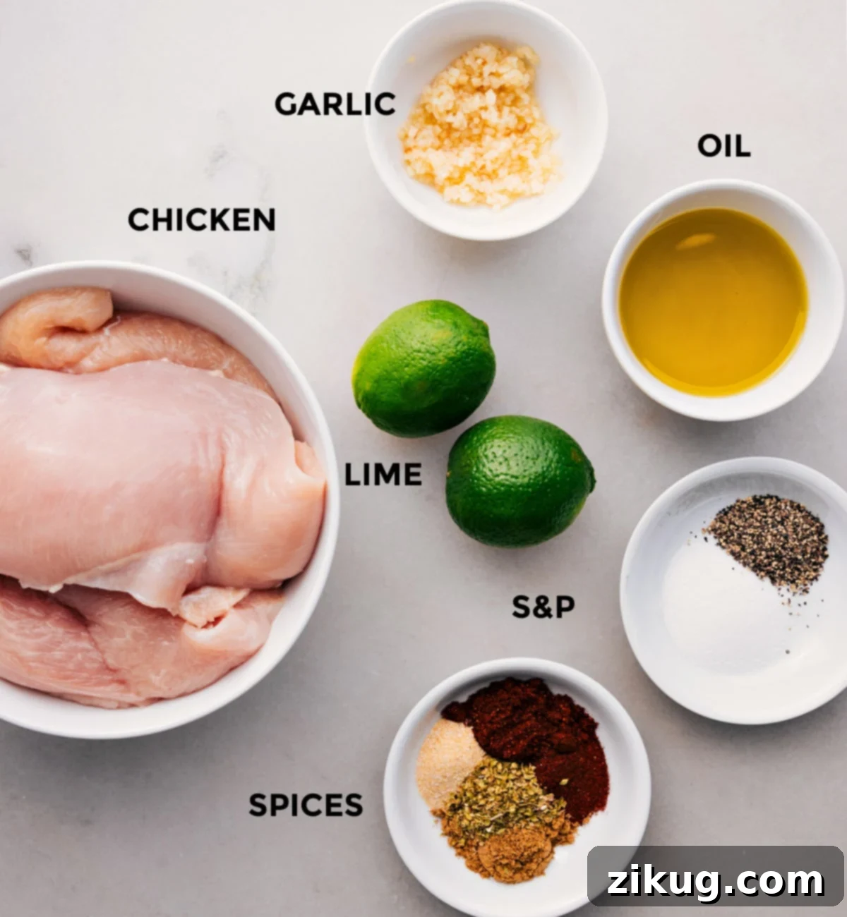 All the essential ingredients for an irresistible chicken taco marinade, meticulously prepped for easy assembly. Includes vibrant lime, fragrant garlic, rich olive oil, and a vibrant array of spices like cumin, paprika, and chili powder, ready to infuse chicken with bold flavor.
