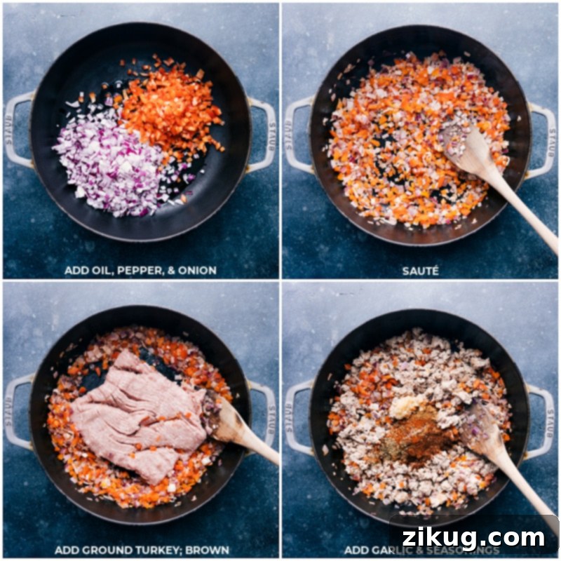 Prepare this easy Green Chile Ground Turkey in under 30 minutes, featuring savory turkey, black beans, crisp corn, and fire-roasted green chiles. Perfect for a quick, healthy weeknight dinner. Recipe via ChelseasMessyApron #dinner #quick #easy #simple #best #fresh #healthy #wholefoods #cleaneating #familyfriendly #kidfriendly #greenchile #groundturkey Process shots showing finely diced red onions and bell peppers sautéing in a skillet, followed by ground turkey browning.