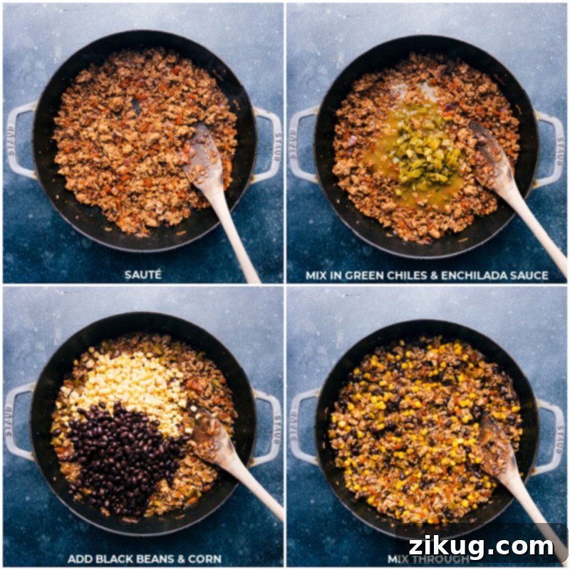 The Green Chile Ground Turkey skillet is a burst of flavor with well-seasoned ground turkey, savory black beans, crisp corn, and a zesty fire-roasted green chiles base. Quick, easy, and satisfying! Recipe via ChelseasMessyApron #dinner #quick #easy #simple #best #fresh #healthy #wholefoods #cleaneating #familyfriendly #kidfriendly #greenchile #groundturkey Process shots demonstrating the addition of fire-roasted green chiles, green enchilada sauce, black beans, and corn to the simmering ground turkey mixture.