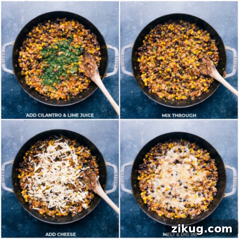 Garnish this flavorful Green Chile Ground Turkey with fresh cilantro, a squeeze of lime, and melted cheese for an irresistible finish. A perfect and quick skillet meal! Recipe via ChelseasMessyApron #dinner #quick #easy #simple #best #fresh #healthy #wholefoods #cleaneating #familyfriendly #kidfriendly #greenchile #groundturkey Process shots showing fresh cilantro, lime wedges, and shredded cheese being added to the finished Green Chile Ground Turkey skillet.
