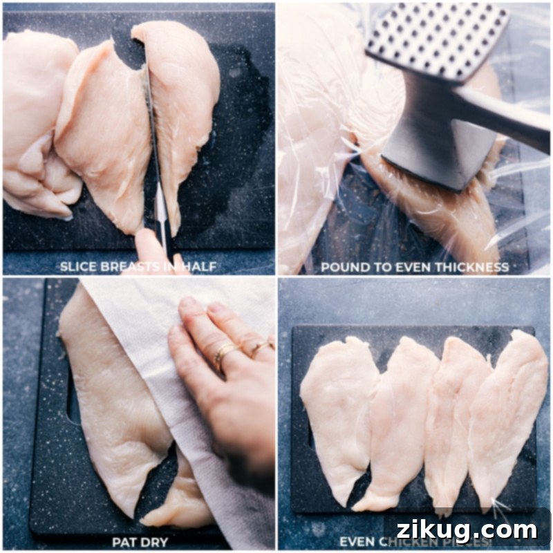 Process shots of chicken being prepped and marinated for fajitas