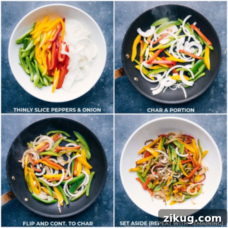 Process shots of bell peppers and onions being chopped and cooked in a pan
