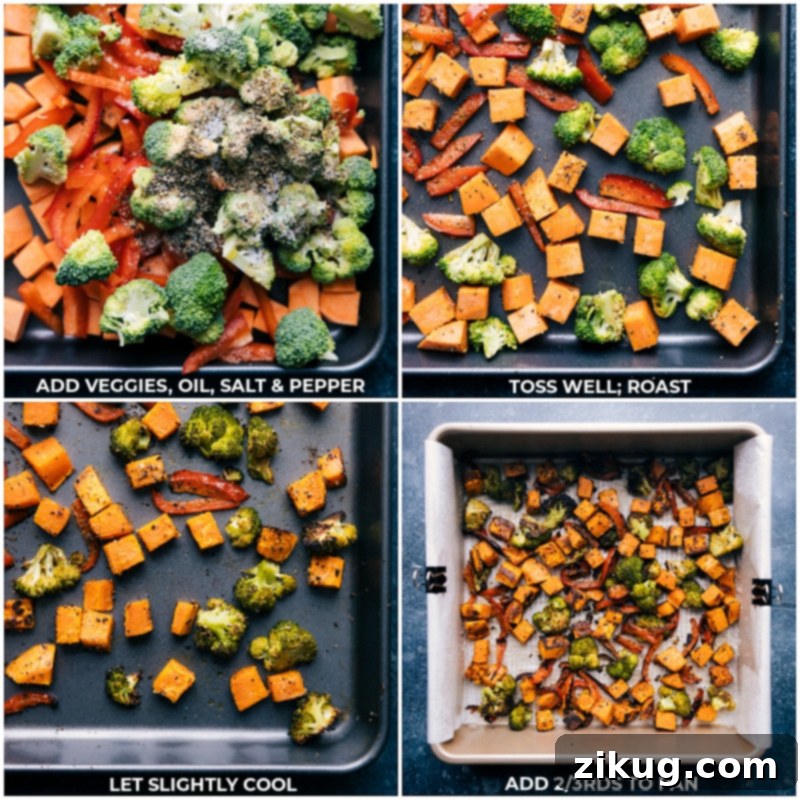 Process shots showing raw sweet potatoes, red bell pepper, and broccoli being tossed with olive oil and spices on a large sheet pan, then roasted until tender and slightly charred
