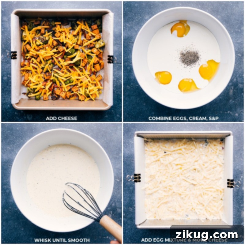 Process shots showing cheese being layered into the baking pan, followed by the egg mixture being whisked in a bowl, and then poured over the vegetables and cheese in the pan