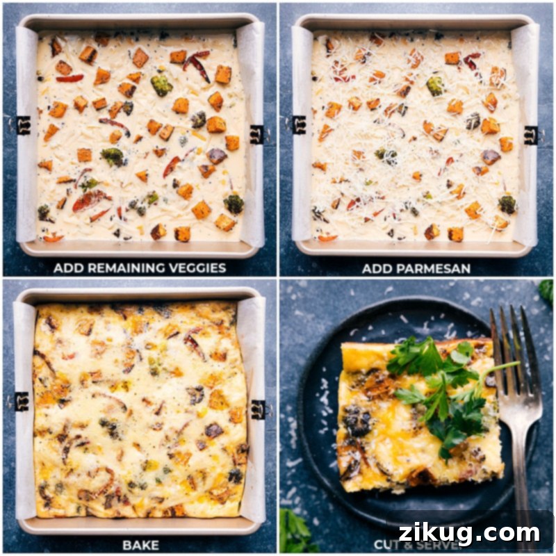 Process shots showing the remaining roasted vegetables being added to the frittata in the pan, followed by the frittata baking in the oven until golden and set